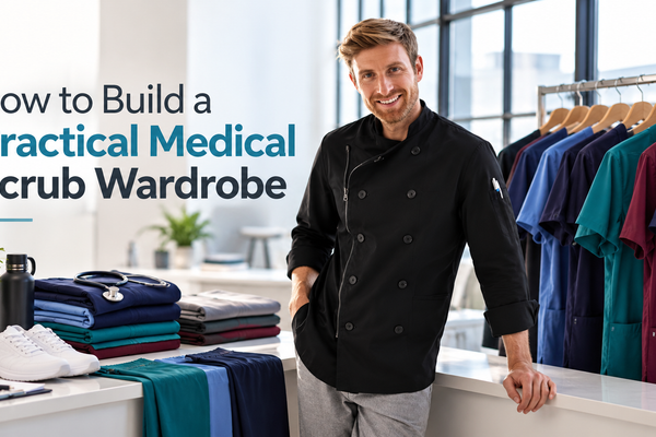 Man wearing black medical scrubs beside colorful medical scrub uniforms and folded scrubs for a practical medical scrub wardrobe