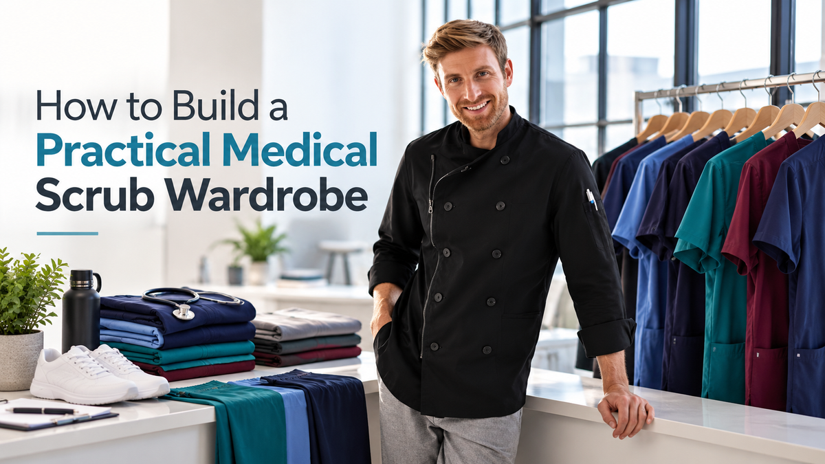Man wearing black medical scrubs beside colorful medical scrub uniforms and folded scrubs for a practical medical scrub wardrobe