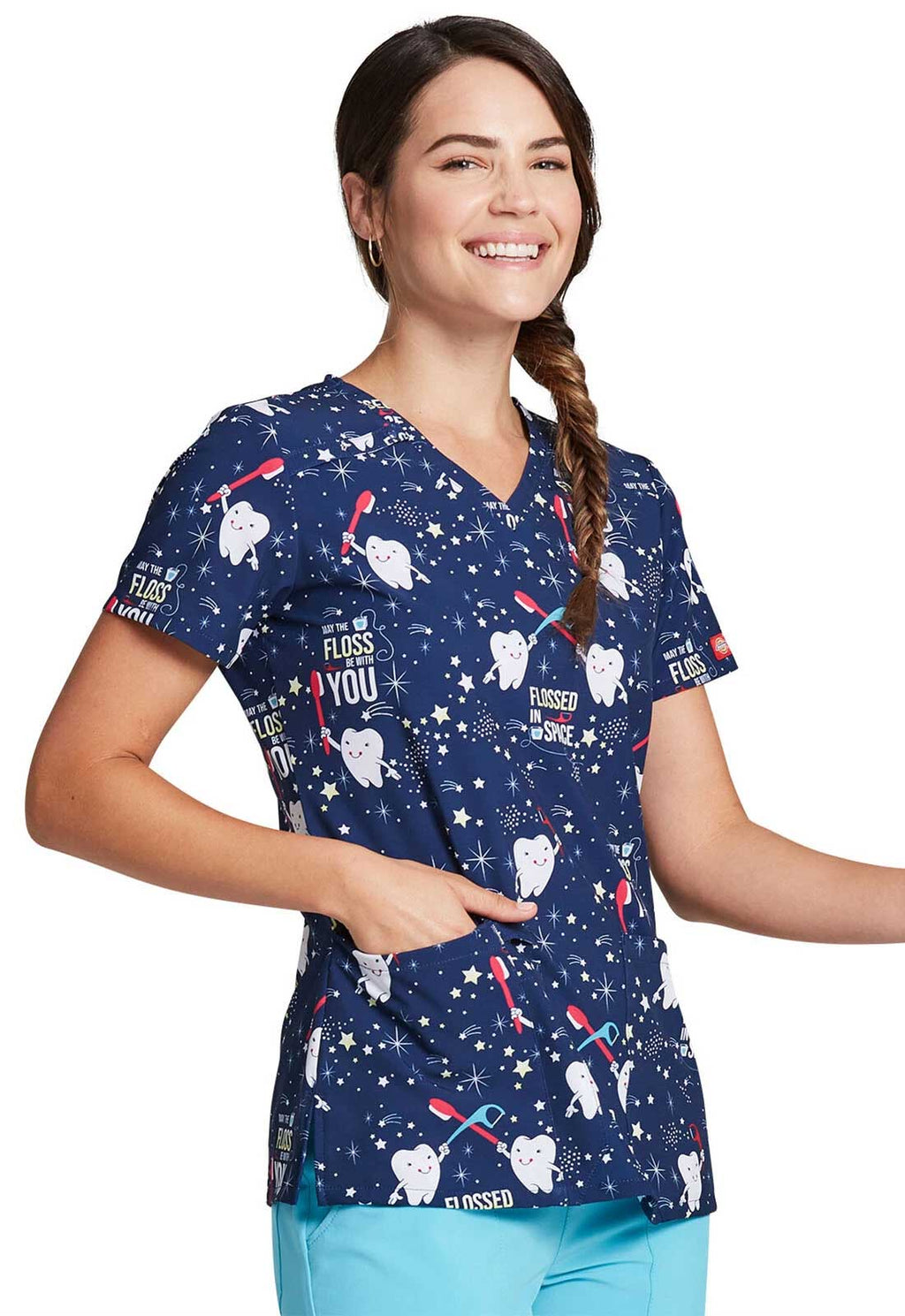 Product - 3XL-Flossed In Space Printed V Neck Scrub Top